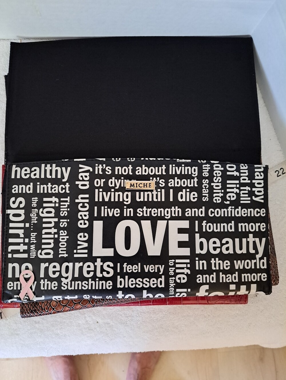 Miche Black & White 'LOVE' Typographic With Breast Cancer Awareness Ribbon